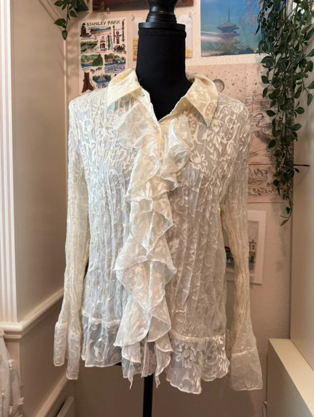Coldwater Creek Ivory Burnout Velvet Ruffle Front Blouse